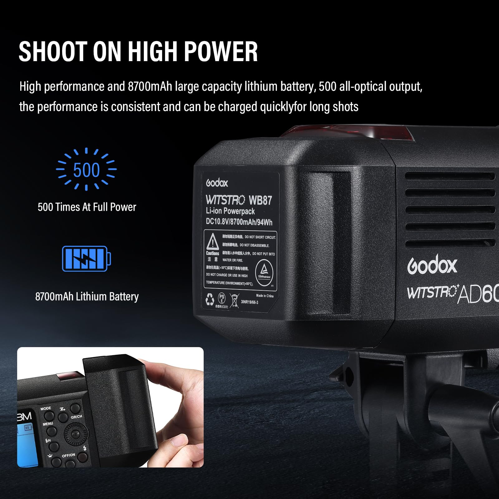 Godox AD600BM 600Ws GN87 HSS 1/8000s Outdoor Flash Strobe Studio Monolight with Bowens Mount, 8700mAh Battery, 2.4G Wireless X System with Standard Reflector
