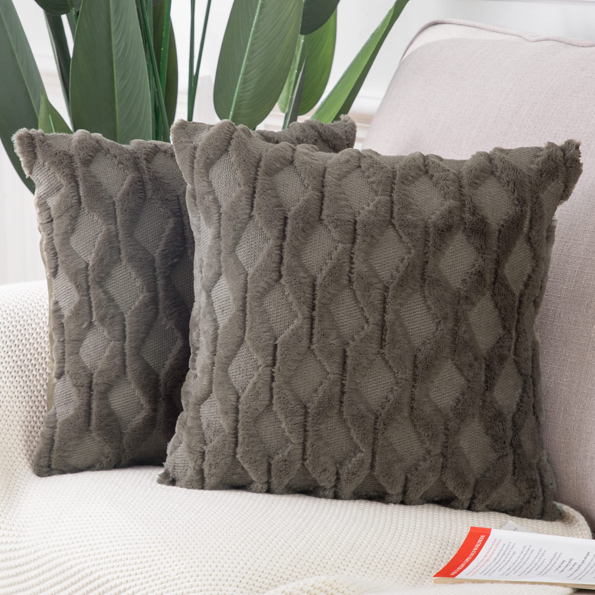 Photo 1 of MADIZZ Set of 2 Soft Polyester Short Wool Velvet Decorative Throw Pillow Covers 16x16 inch Dark Taupe Square Luxury Style Cushion Cases Pillow Shell for Sofa Bedroom