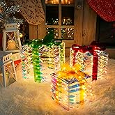Set of 3 Christmas Lighted Gift Boxes with 140 LED Lights, Plug-in Holiday Decorations for Xmas Tree, Home, Indoor Outdoor Décor