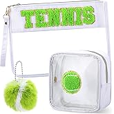 Sunnymove 3 Pcs Tennis Gifts Makeup Cosmetic Bag with Chenille Letter Patch Clear Toiletry Pouch Waterproof PVC Organizer Purse with Fluffy Tennis Ball Keychain Accessories for Women(Green)