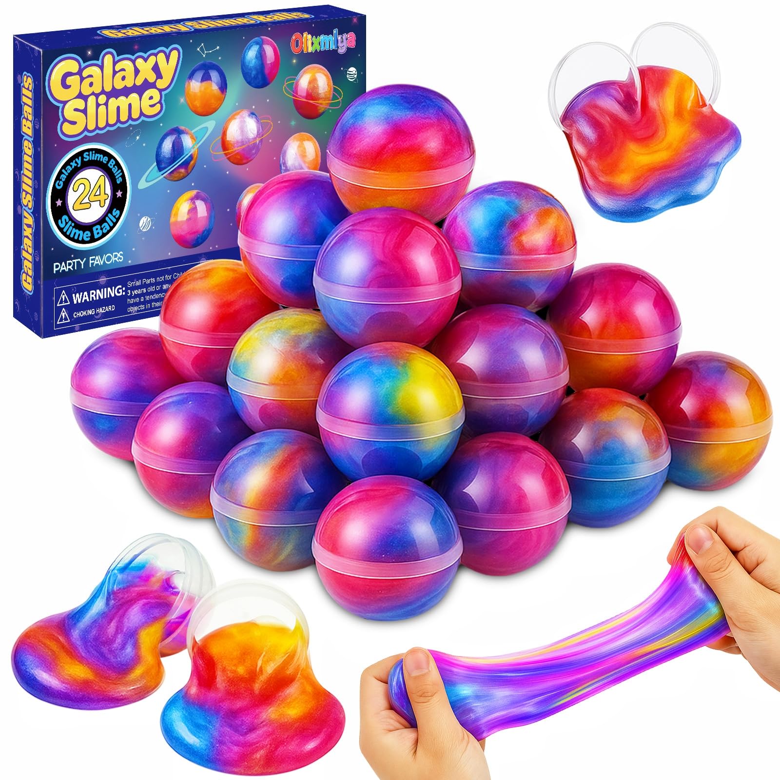 View 1 of 24 Pack Slime Party Favors, Galaxy Slime Balls Soft DIY Toys Stretchy and Non Sticky Stress Relief Safe Toys for Kids Girls Boy Classroom Prizes Birthday Gifts Halloween Christmas Party Favors