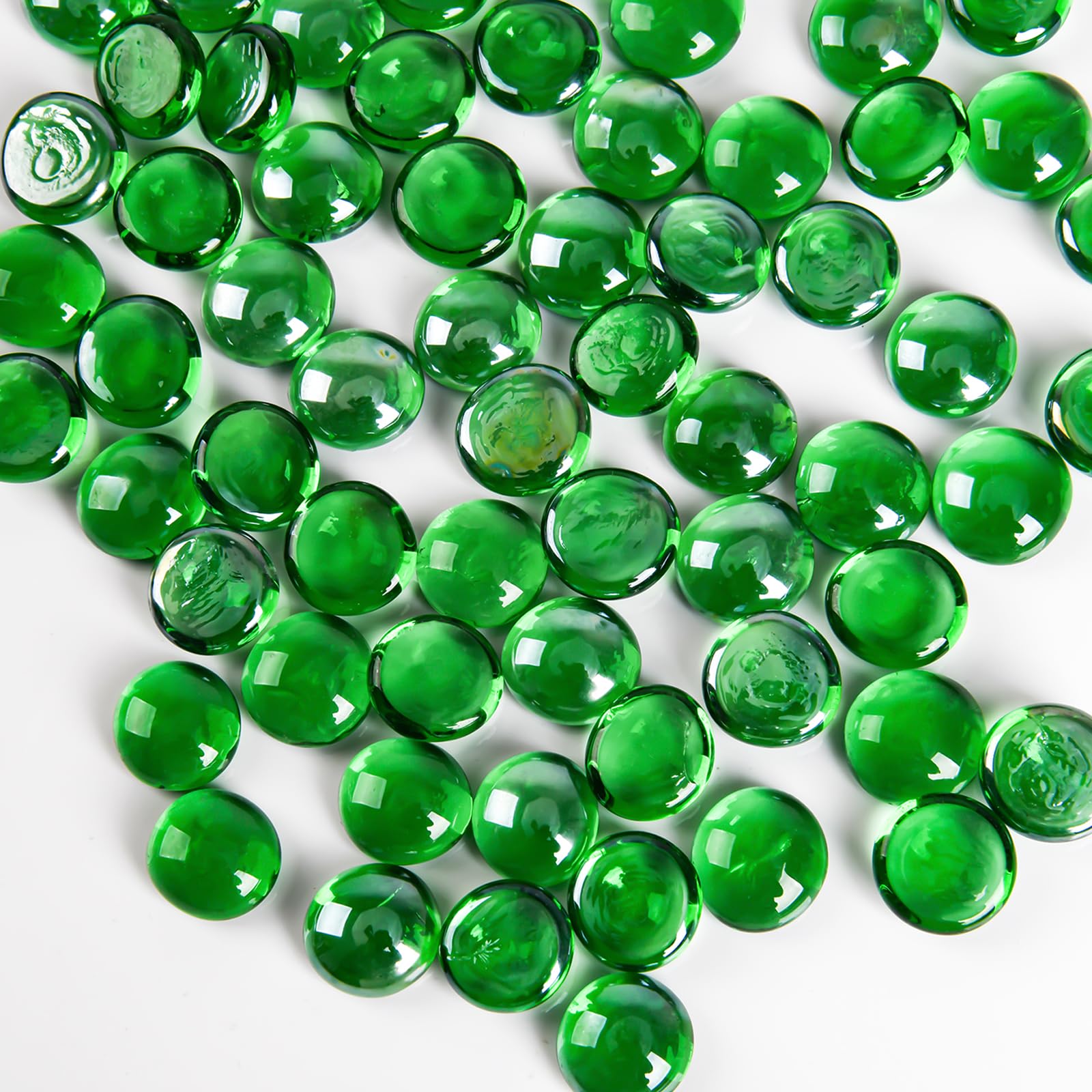 Hisredsun 290pcs glass pebbles,1.35kg green flat marble beads,Vase filler stones Fire Glass pebbles Artificial Crystal Gemstones Decorative Stones River Pebbles for Aquarium, Flowerpot, Landscaping