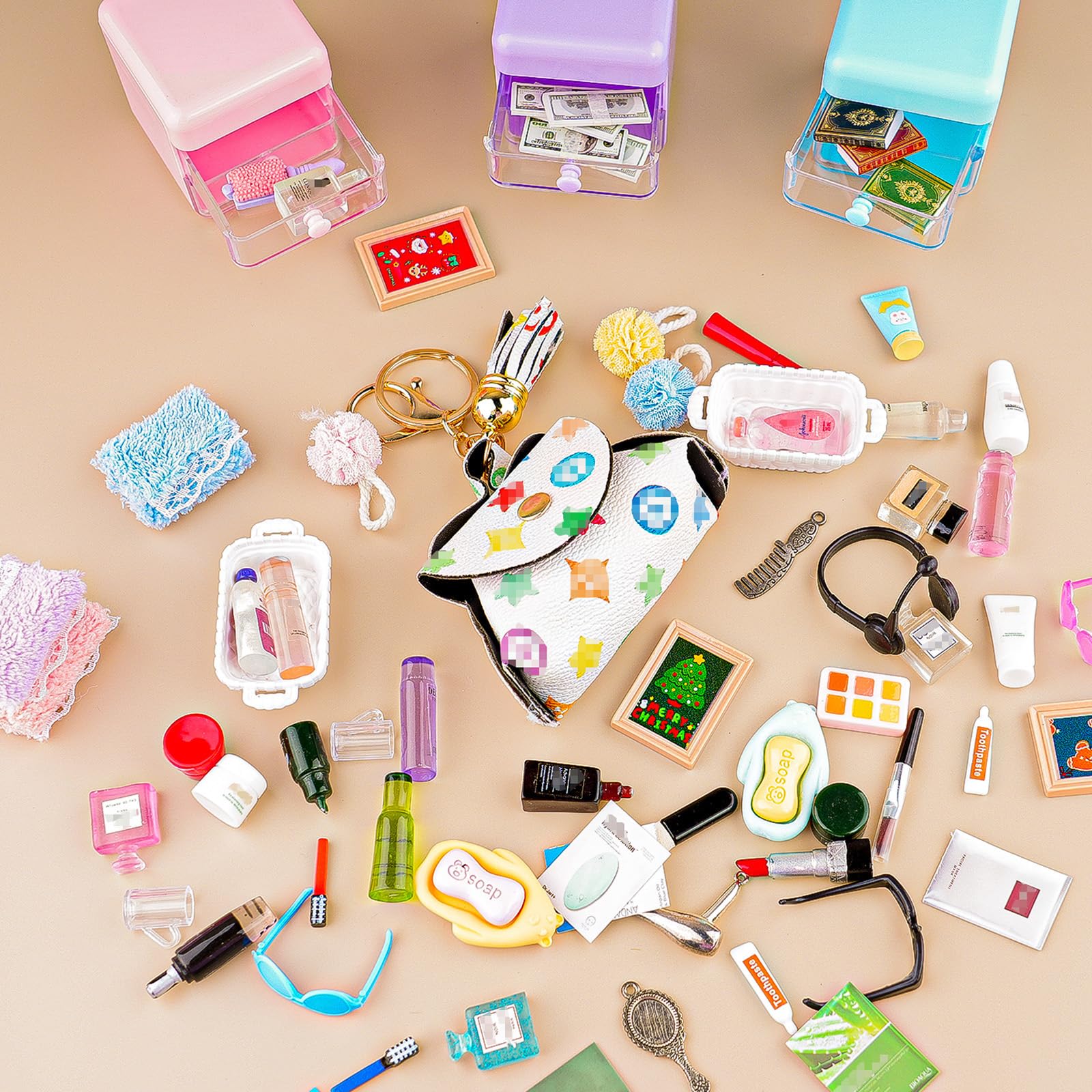 87Pcs Dollhouse Miniature Bathroom Accessories Cosmetic & Toilet Pretend Play Mini Makeup Set with Shampoo Perfume Hair Dryer Comb Purse Decor DIY Doll Backpack Glasses Photo Frame Salon Spa