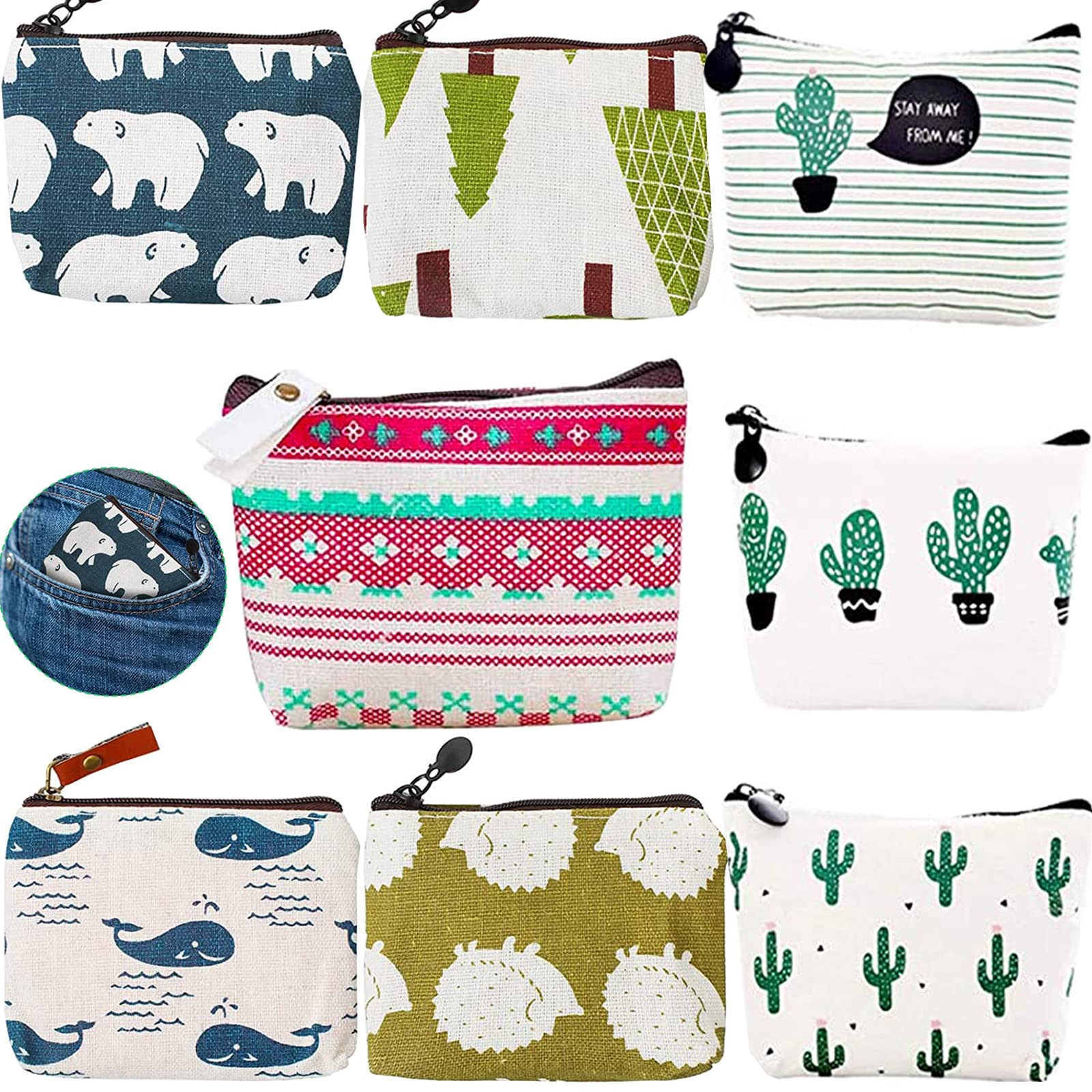 Pack of 8 Mini Purse Bags, Small Mini Canvas Purse with Zip, Cute Canvas Wallet, Makeup Bag, Coin Bags, for Cosmetic Key Chains, Coins, Money Cards (8 Styles), multicoloured, Suitcase set