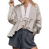 RIATOUR Women's Half Zip Striped Shirt Casual Ruffled Long Sleeve Oversized Loose Blouse Tops