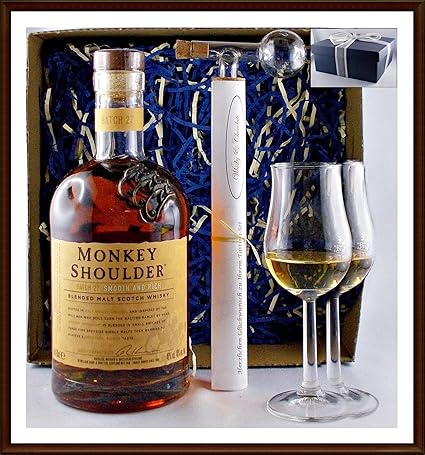 Geschenk Monkey Shoulder Blended Malt Whisky mit 2 Gläser + Flaschenportionierer aus Glas kostenloser Versand