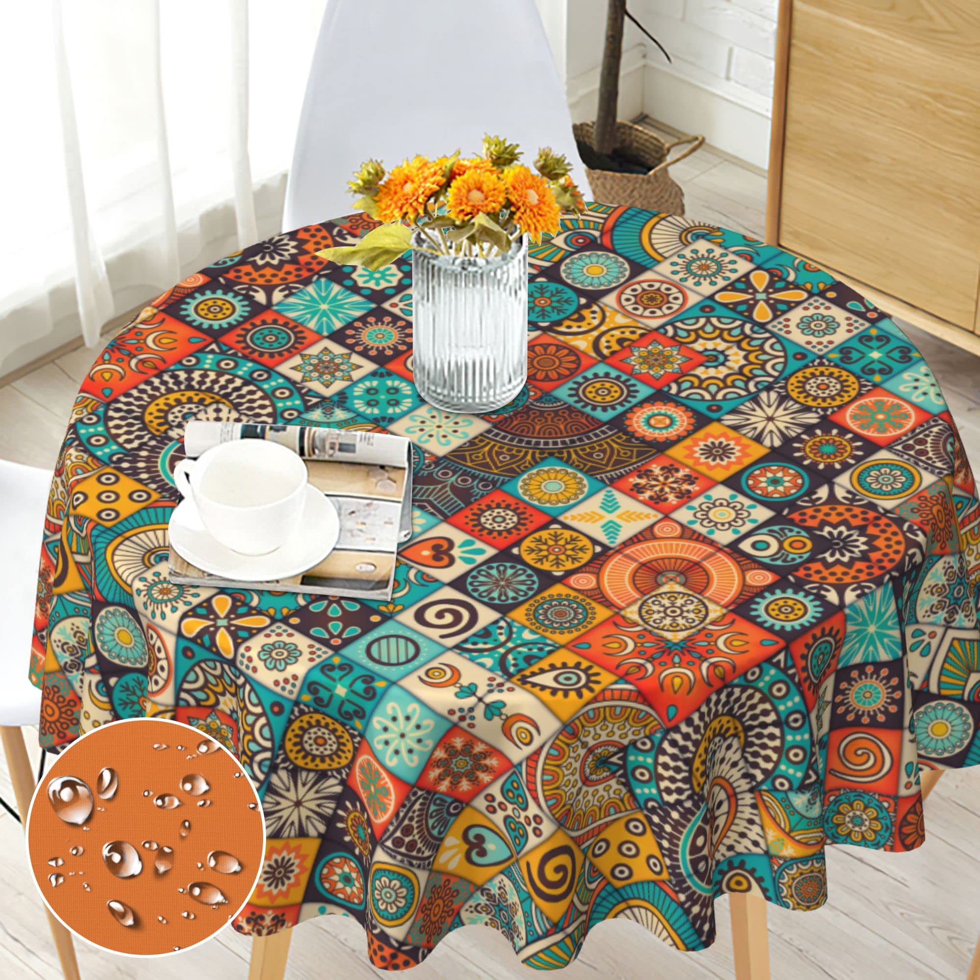 Round Tablecloth Wipe Clean 150cm - Vibrant Bohemian Floral Pattern - Wipeable Circular Table Cloth Waterproof Polyester Table Cover for 4-6 Seater Dining Kitchen Patio Garden Party Outdoor