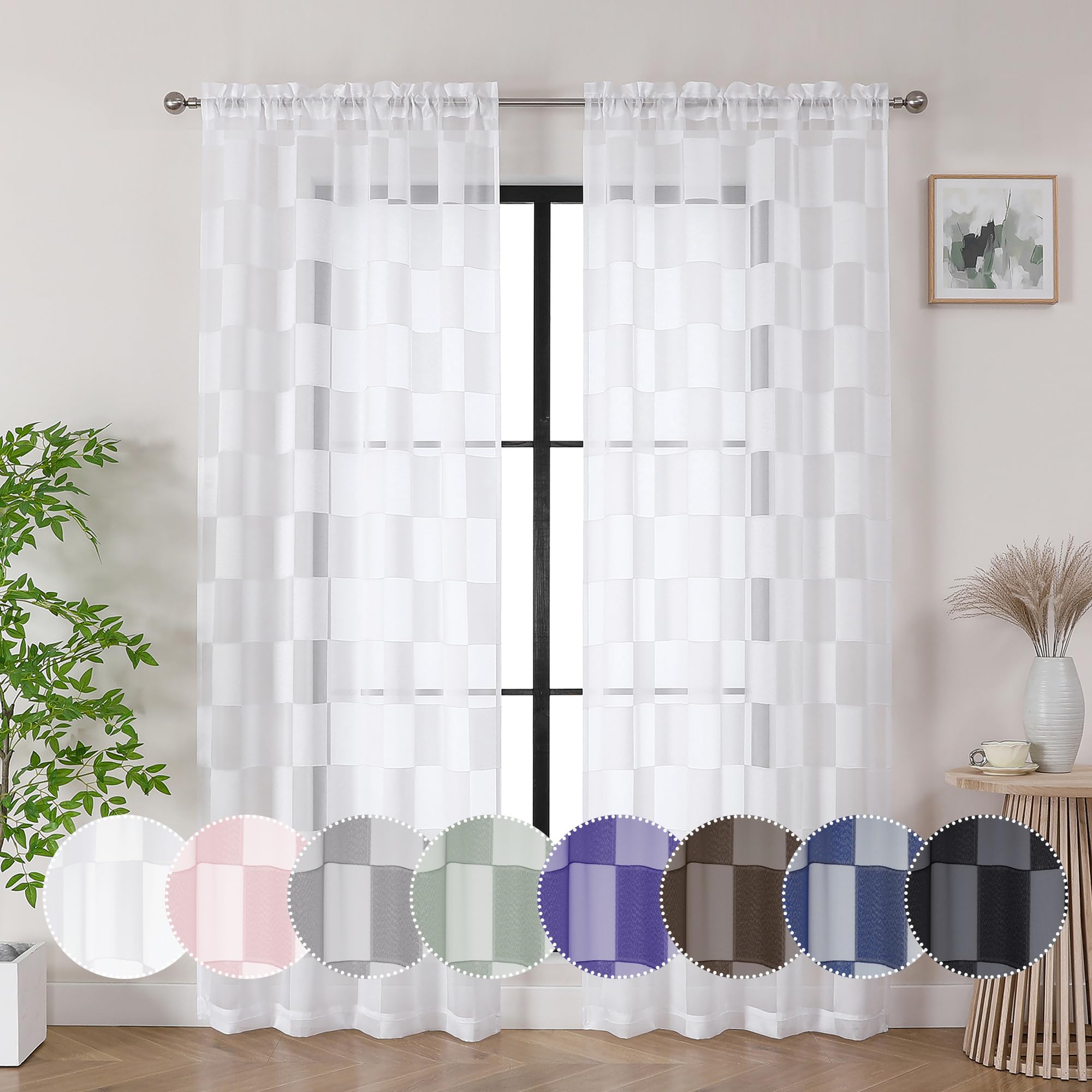 Photo 1 of OVZME Barry White Sheer Curtains 84 Inch Length 2 Panels - Checkered Light Filtering Soft Airy Voile, Clip Jacquard Textured Drapes for Bedroom Living Room Window, Dual Rod Pocket, 42Wx84L