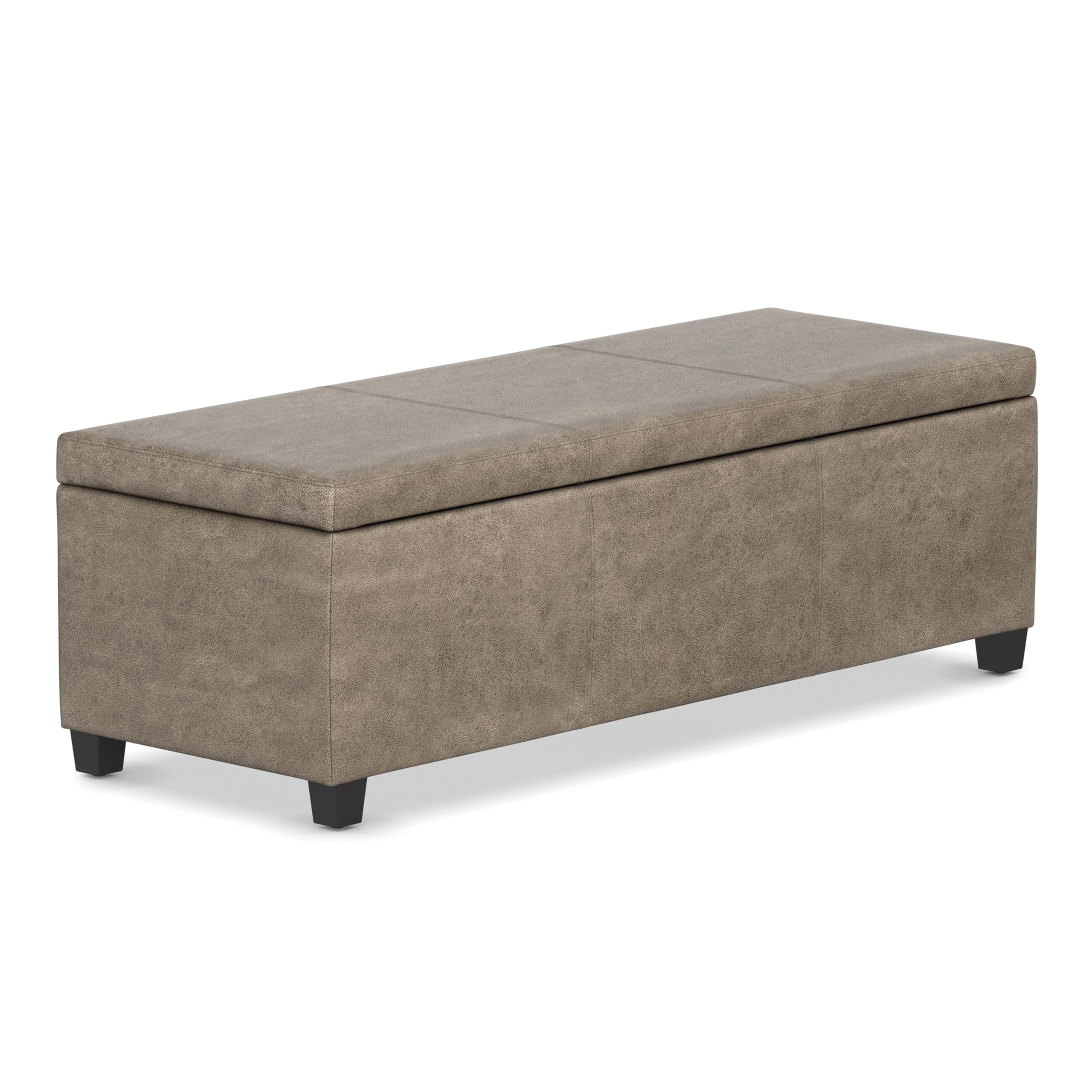 SIMPLIHOME Avalon Storage Ottoman Bench - 48 inch Wide Upholstered Vegan Leather Rectangular Lift-Top Ottoman in Distressed Smoky Grey Brown, Transitional Bench for Living Room with High-Density Foam Image