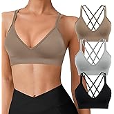 VEQING Seamless V-Neck Women Sports Bras, Padded Cross Back Wireless Low Impact Workout Yoga Bras for Small Chests, 3 Pack