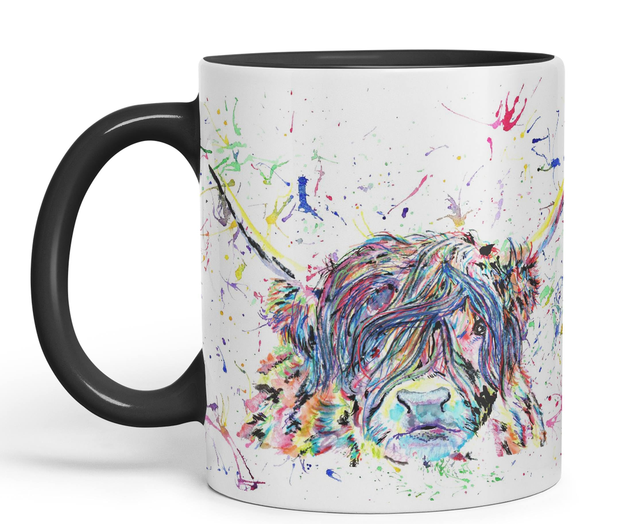 Vixar Highland Cow Scottish Farm Animal Watercolour Rainbow Art Coloured Mug Cup, Gift, Birthday, Work, Office, Christmas Tea Coffee (Black)