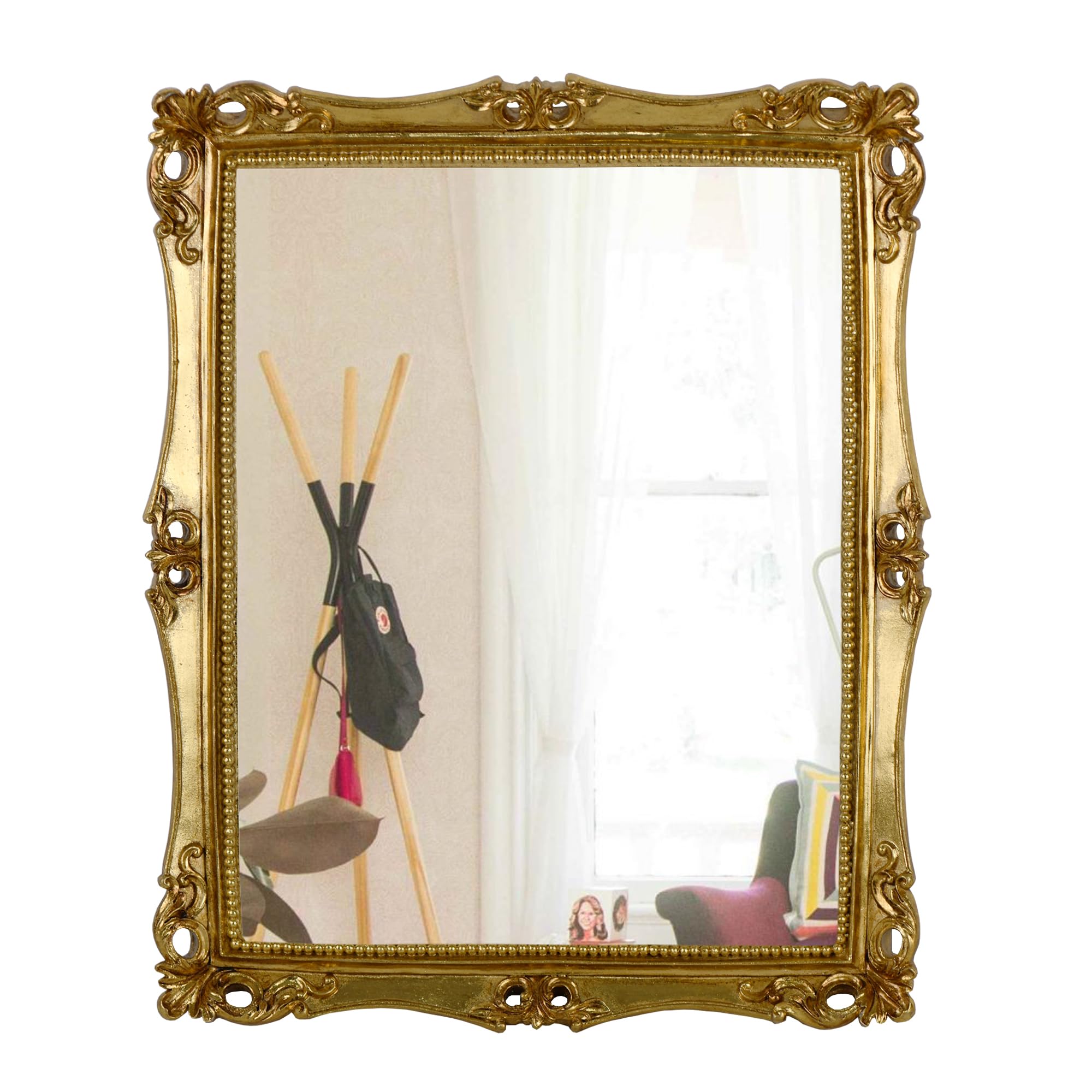 Funerom Vintage Decorative Mirror, Wall Mounted & Tabletop Makeup Mirror ，Square (Antique Gold, 42 x 34.3 cm)