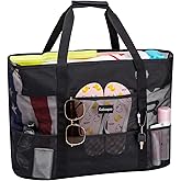 KABAQOO Mesh Beach Bag, Extra Large Beach Bags with 9 Pockets & Zipper Waterproof Lightweight Beach Tote for Beach/Pool Trip | Extra Large, 9 Pockets, Zipper, Waterproof, Lightweight, Beach/Pool Trip