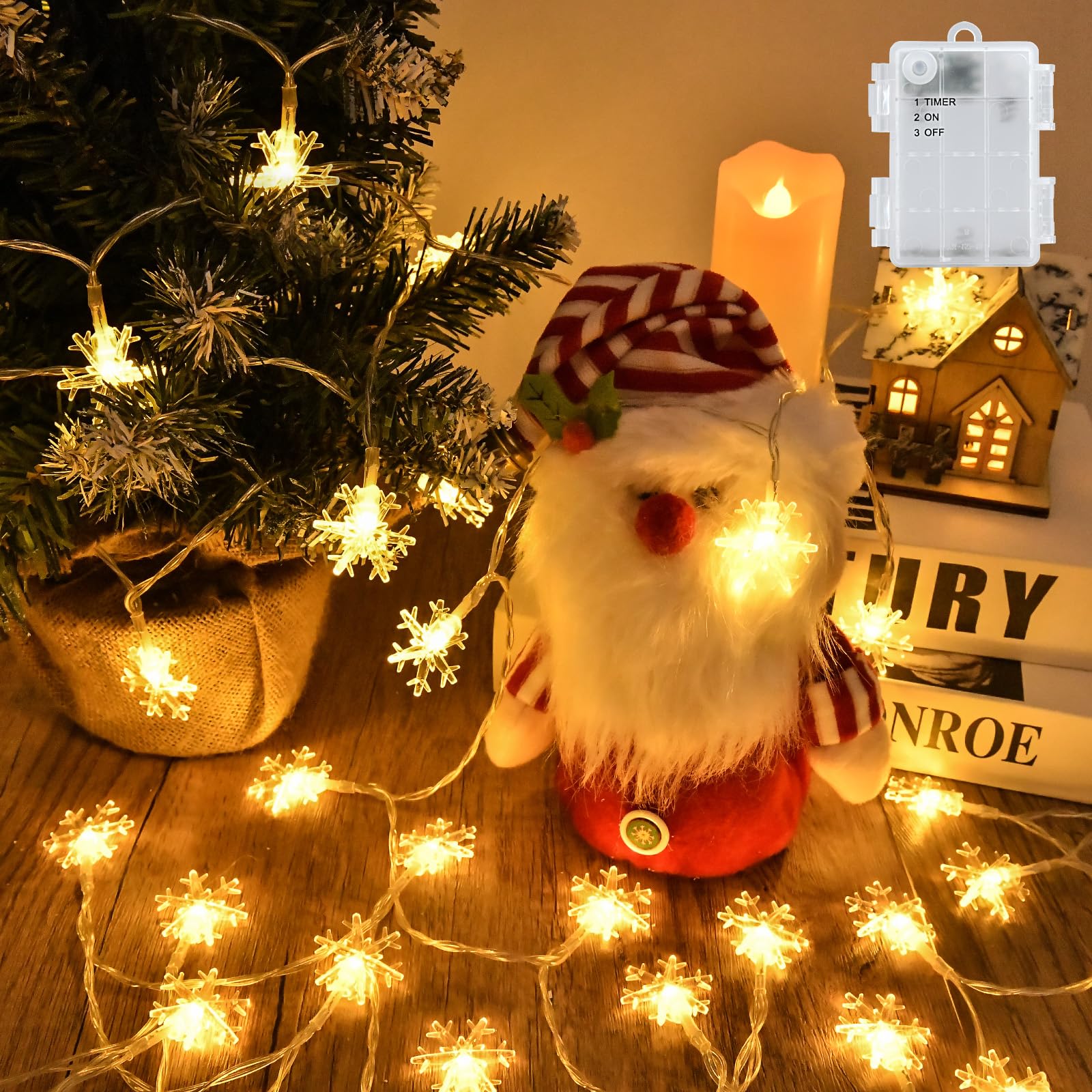 cshare Snowflack String Lights, 19.7ft 40 LED Christmas Fairy Lights Outdoor/Indoor, with Timer IP65 Waterproof for Jar Garden Camping Christmas Indoor Outdoor Decorations-Warmwhtie