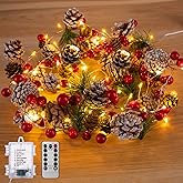 Christmas Pine Lighted Garland Decor, 9.8 Ft 60 LEDs Red Berry Pine Cone Battery Operated Christmas Garland Lights with 8 Modes, Remote Control for Mantle Fireplace Stairs Xmas Tree Indoor Decor