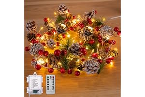 MINETOM Christmas Pine Lighted Garland Decor, 9.8 Ft 60 LEDs Red Berry Pine Cone Battery Operated Christmas Garland Lights with 8 Modes, Remote Control for Mantle Fireplace Stairs Xmas Tree Indoor Decor
