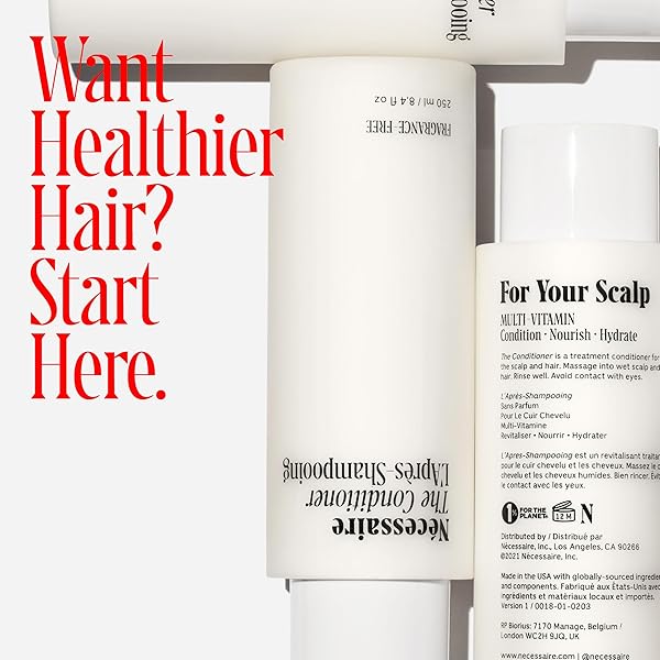 NÉCESSAIRE THE CONDITIONER. FRAGRANCE-FREE. HYDRATING TREATMENT FOR SCALP + HAIR. HYALURONIC ACID. HYPOALLERGENIC. DERMATOLOGIST-TESTED. NON-COMEDOGENIC. NO SILICONES. 250 ML / 8.4 FL OZ