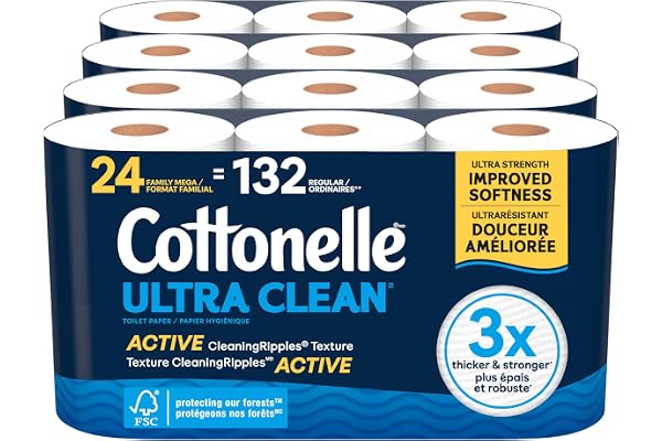 Cottonelle Toilet Paper, 24 Family Mega Rolls = 132 Regular Rolls (4 Packs of 6), Ultra Clean, Strong Bathroom Tissue, 353 Sh