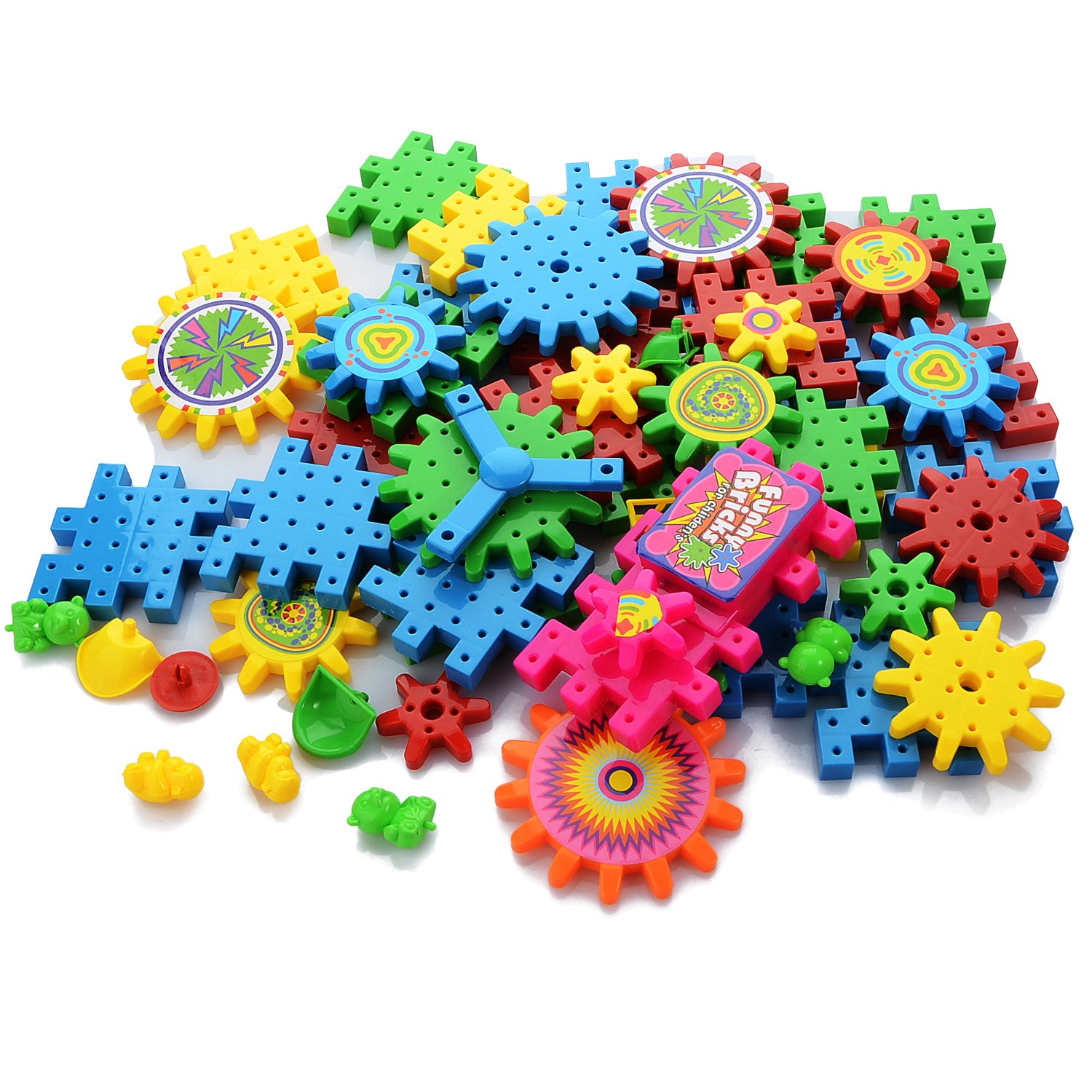 PovKeever Educational Gear Building Blocks Sets Toy Colorful Shapes Puzzle Electric Moving brick Interlocking Learning Blocks Motorized Spinning Gears Toys for Children Kids over 3 Years Old ,81 PCS