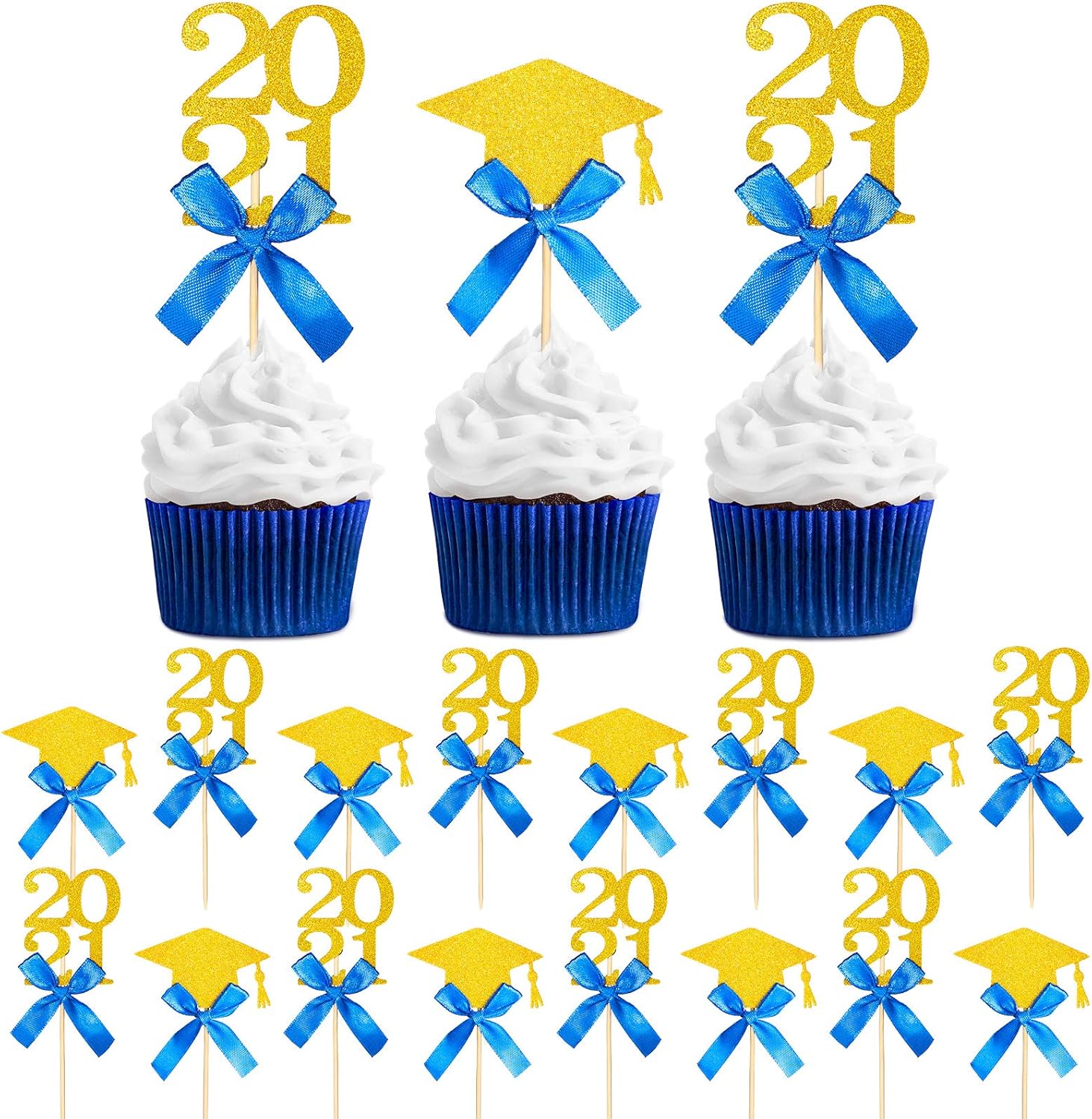 24 Pieces Graduation Cupcake Toppers 2021 Graduate Cake Topper Glittery Congrats Grad Food/Appetizer Picks for 2021 Graduation Party Decorations Grad Party Cake Decor Graduation Cupcake Decor (Blue)
