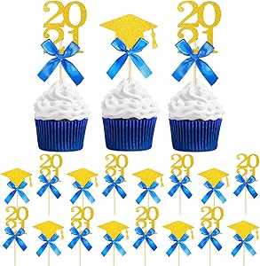 24 Pieces Graduation Cupcake Toppers 2021 Graduate Cake Topper Glittery Congrats Grad Food/Appetizer Picks for 2021 Graduation Party Decorations Grad Party Cake Decor Graduation Cupcake Decor (Blue)
