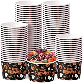 Funnymoom 50 Pack 9 oz Paper Ice Cream Cups, Halloween, Black Orange | 9 oz Pumpkin Ghost Witch Bowls, Ice Cream Dessert Cups, Hot Cold Food Serving, Halloween Party Favor Supplies Decoration
