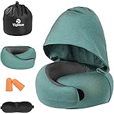 Vzpeun Travel Pillow - Hooded Neck Pillow Airplane Memory Foam Filling for Plane, Office, Cars Sleeping, Road Trip, Long Flights, Portable Plane Accessories, Includes Eye Mask & Earplugs (Green)