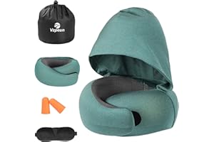 Vzpeun Travel Pillow - Hooded Neck Pillow Airplane Memory Foam Filling for Plane, Office, Cars Sleeping, Road Trip, Long Flights, Portable Plane Accessories, Includes Eye Mask & Earplugs (Green)