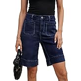 luvamia Bermuda Shorts for Women High Waisted Trendy Patch Pocket Casual Vintage Long Stretchy Denim Shorts Summer Jorts Womens Casual Outfits Nightfall Blue Size Medium