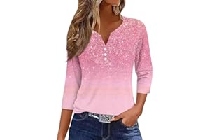 EKIYVO 3/4 Length Sleeve Womens Tops Casual Loose Fit Henley Neck T Shirts Cute Print Three Quarter Length Tunic Tops