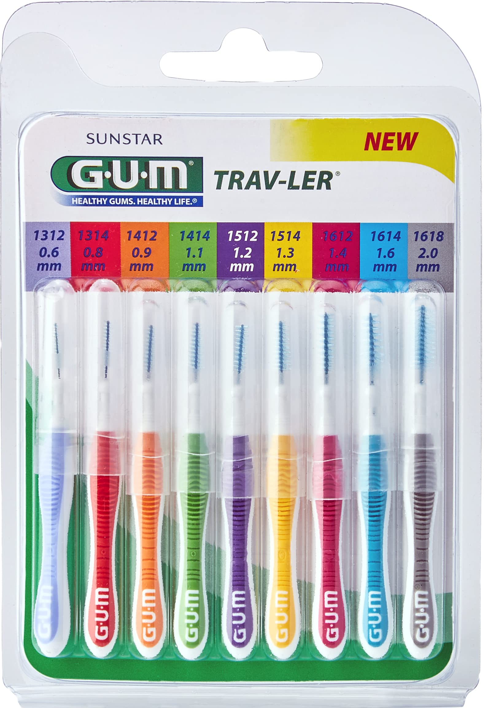GUM Trav-Ler 9 Interdental Brushes - Pack of 9, Mauve, Red, Orange, Green, Violet, Yellow, Bordeaux, Light Blue, Grey - Manual, Not Powered