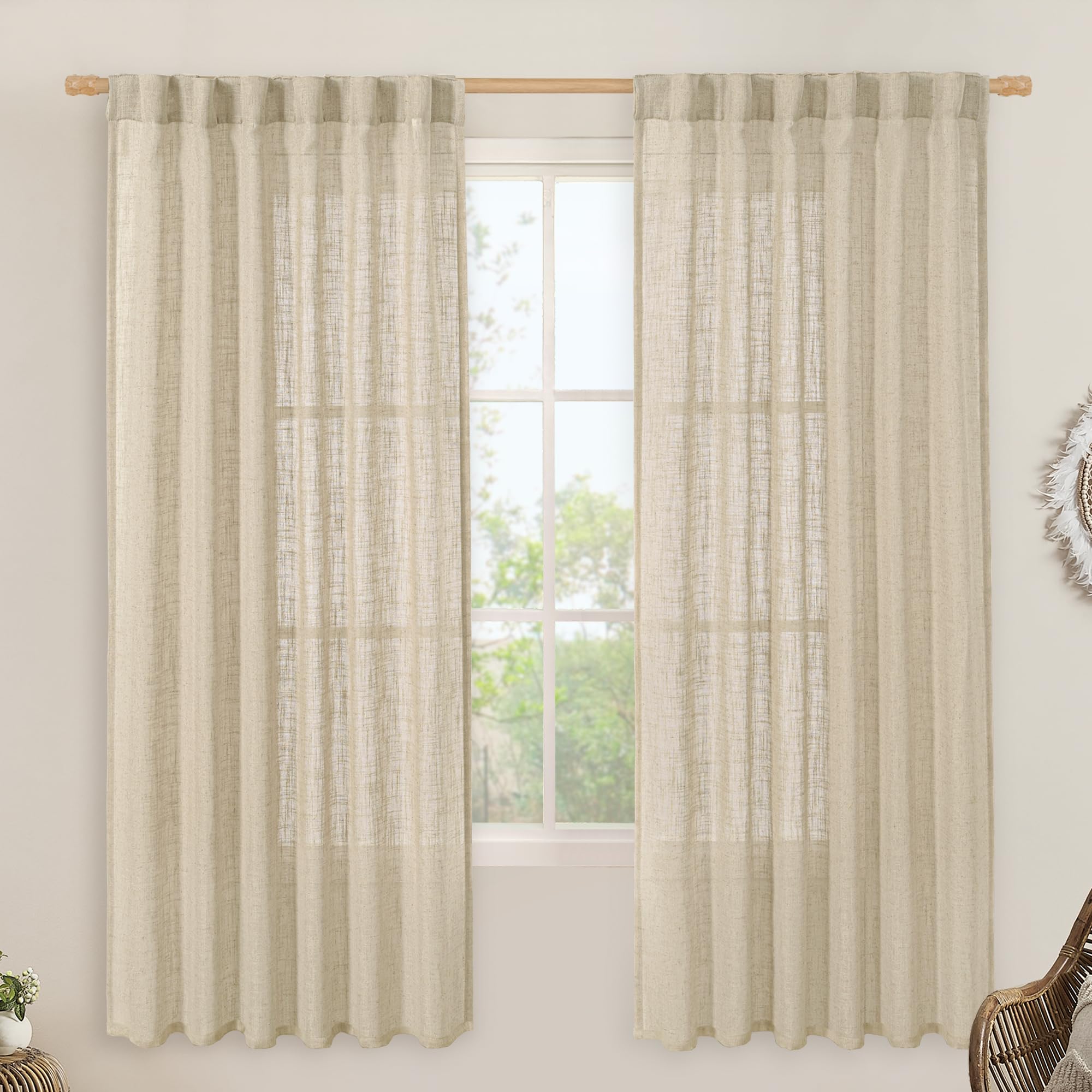 Photo 1 of LAMIT Natural Sheer Linen Curtains for Bedroom, Faux Linen Textured Light Filtering Drapes Back Tab and Rod Pocket Boho Neutral Burlap Panels for Farmhouse/Living Room, 2 Panels, 52 x 72 Inch
