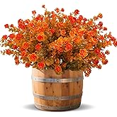 12 Bundles Artificial Fall Flowers for Outdoors Fall Thanksgiving Decorations,UV Resistant Fake Mums Faux Fall Plants Plastic Greenery Shrub Porch Home Gardens Autumn Decor(Brown Orange Flowers)