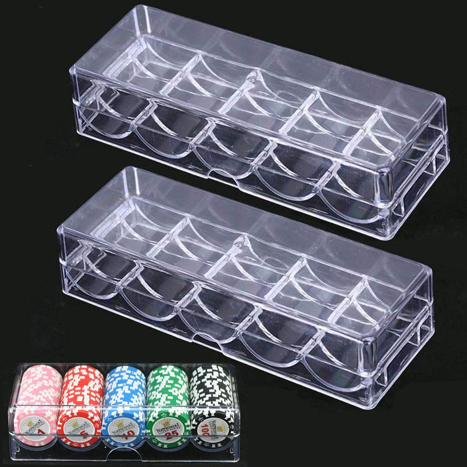 ZYHDFH 2 PCS Poker Chips Holder Tray with Lid - Clear Acrylic Box Container for 100 Chips - Portable Party Home Casino Game