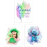 Lilo & Stitch Posters - Set of 3 (8 inches x 10 inches) Ohana Means Family Watercolor Wall Art Decor Prints for Nursery
