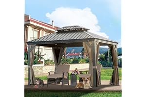 Domi 10' x 12' Hardtop Gazebo Canopy Outdoor Aluminum Gazebo, Galvanized Steel Double Roof with Curtains and Netting for Deck
