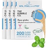 The Humble Co Dental Floss Picks for Teeth, 200 Count (Mint) - Double Thread Tooth Picks Flossers for Adults Gum Health - Toothpick Floss for Interdental Oral Care & Hygiene