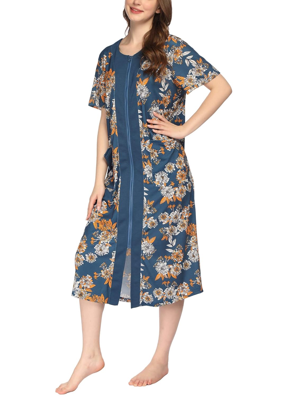 Buy Ekouaer Zipper Robes for Women Short Sleeve House coats Printing