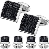 Men's Stainless Steel Black Crystal Silver Cufflinks and Studs Formal Set with Travel Presentation Gift Box - 5/8" cufflinks, 3/8" studs - Men's Wedding Party Groom Groomsmen Tuxedo Shirts Accessories