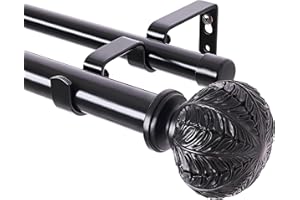 Double Curtain Rods,WL.Rocaille 1 Inch Curtain Rods 72 to 144 Inches,Window Telescoping Dual Curtain Rod Set with End Cap,Adjustable Decorative Black Curtain Rods for Bedroom,living Room