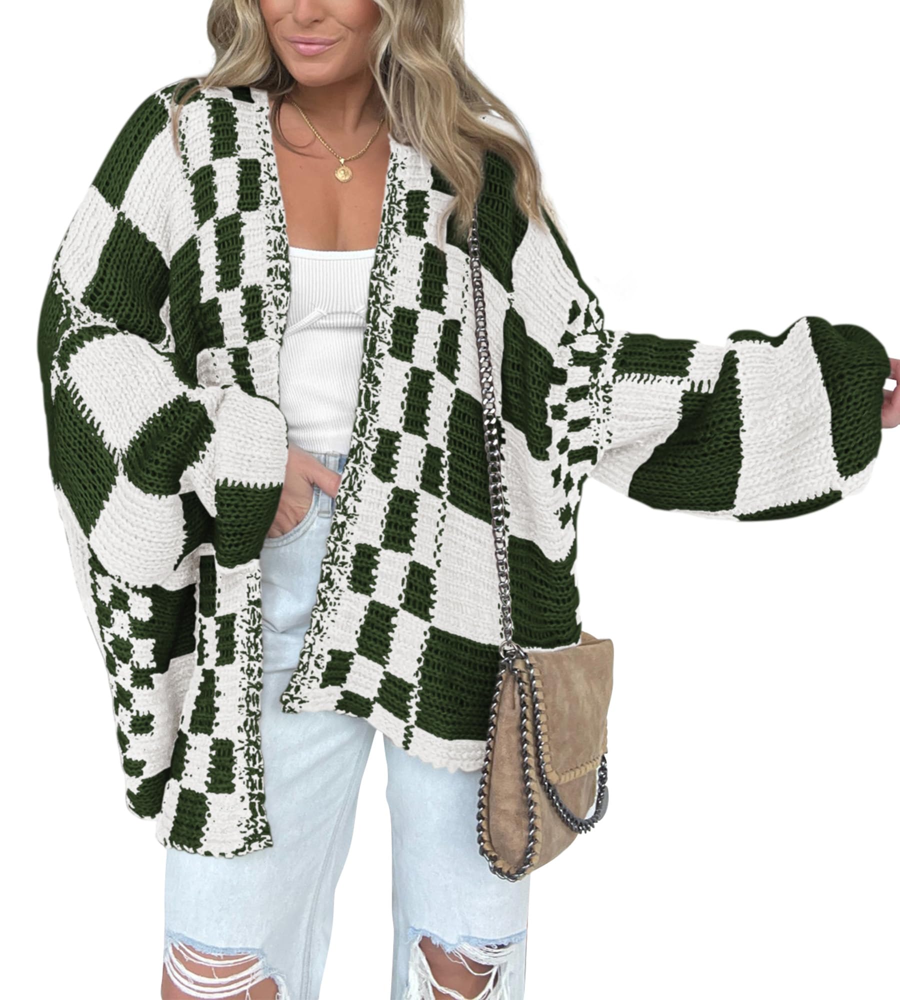 BTFBM Casual Cardigan Sweater for Women Fall 2025 Long Sleeve Open Front Chunky Knit Sweaters Checkered Outwear Coat(Dark Green,Large) Image