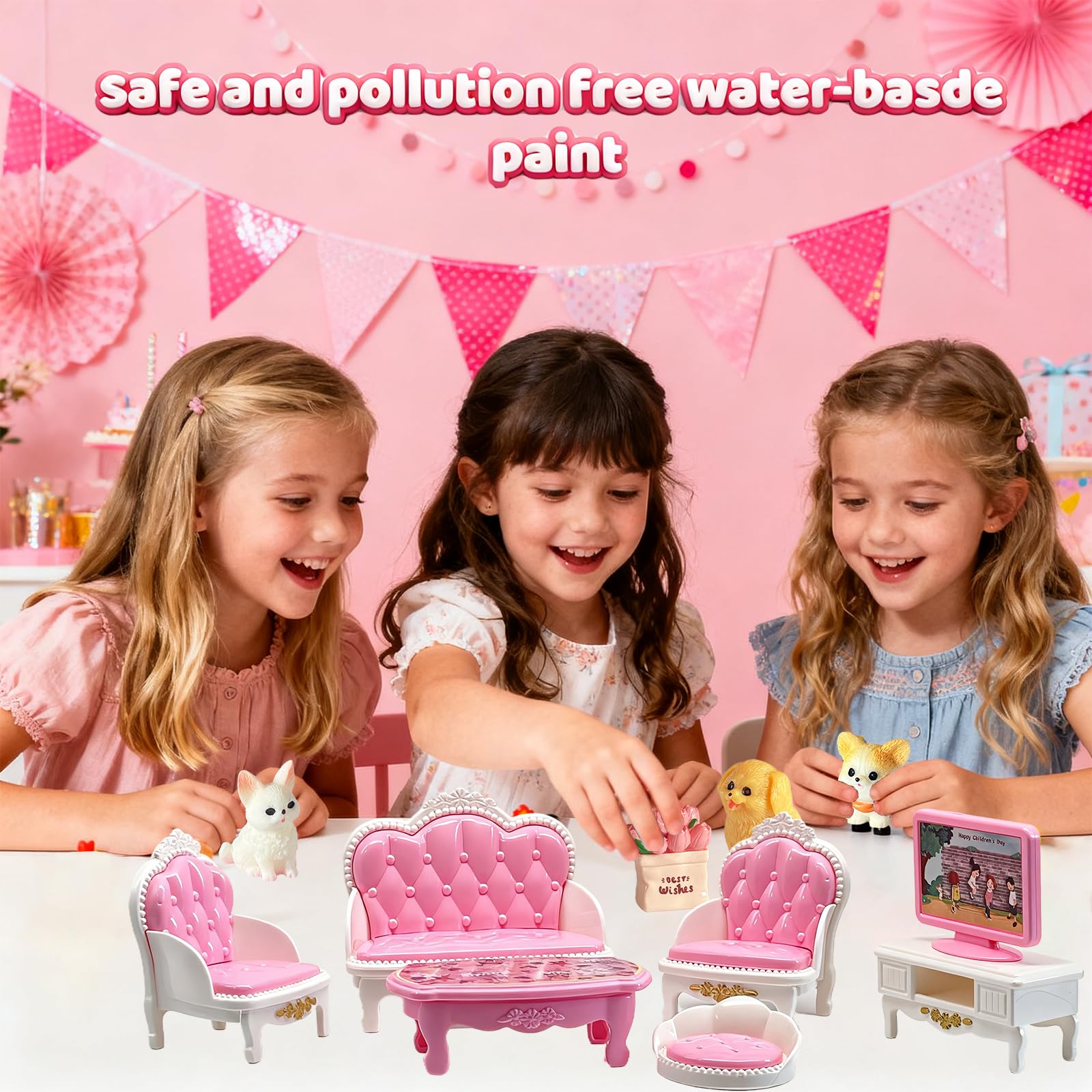 Dollhouse Furniture Set - 38 Pcs,Miniature Accessories with Cat,Dog, Kitchen, Bedroom, Living Room & Bathroom - Doll House Accessories and Furniture Toys for Boys Girls Age 3+