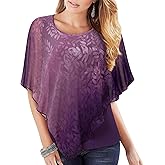 Lotusmile Women's Lightweight Flowy Shirt Double-Layered Printed Chiffon Poncho Blouse Top