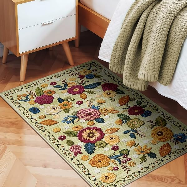 2X6 MACHINE WASHABLE RUNNER RUG, KITCHEN HALLWAY AREA RUG GREEN VINTAGE BOHO FLORAL ULTRA NON-SLIP LOW PILE SOFT FAUX WOOL CARPET, KIDS AND PETS FRIENDLY FOR BEDROOM ENTRYWAY NURSERY HOME DECOR RUG