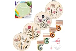 Santune 4 Sets Embroidery Kit,Cross Stitch Kits for Beginners,Needlepoint Kits for Adults with Easy Stamped Floral Pattern Fabric Hand Crafts,2 Hoops,Needle,Women DIY Hanging Plants,Sewing Hobby