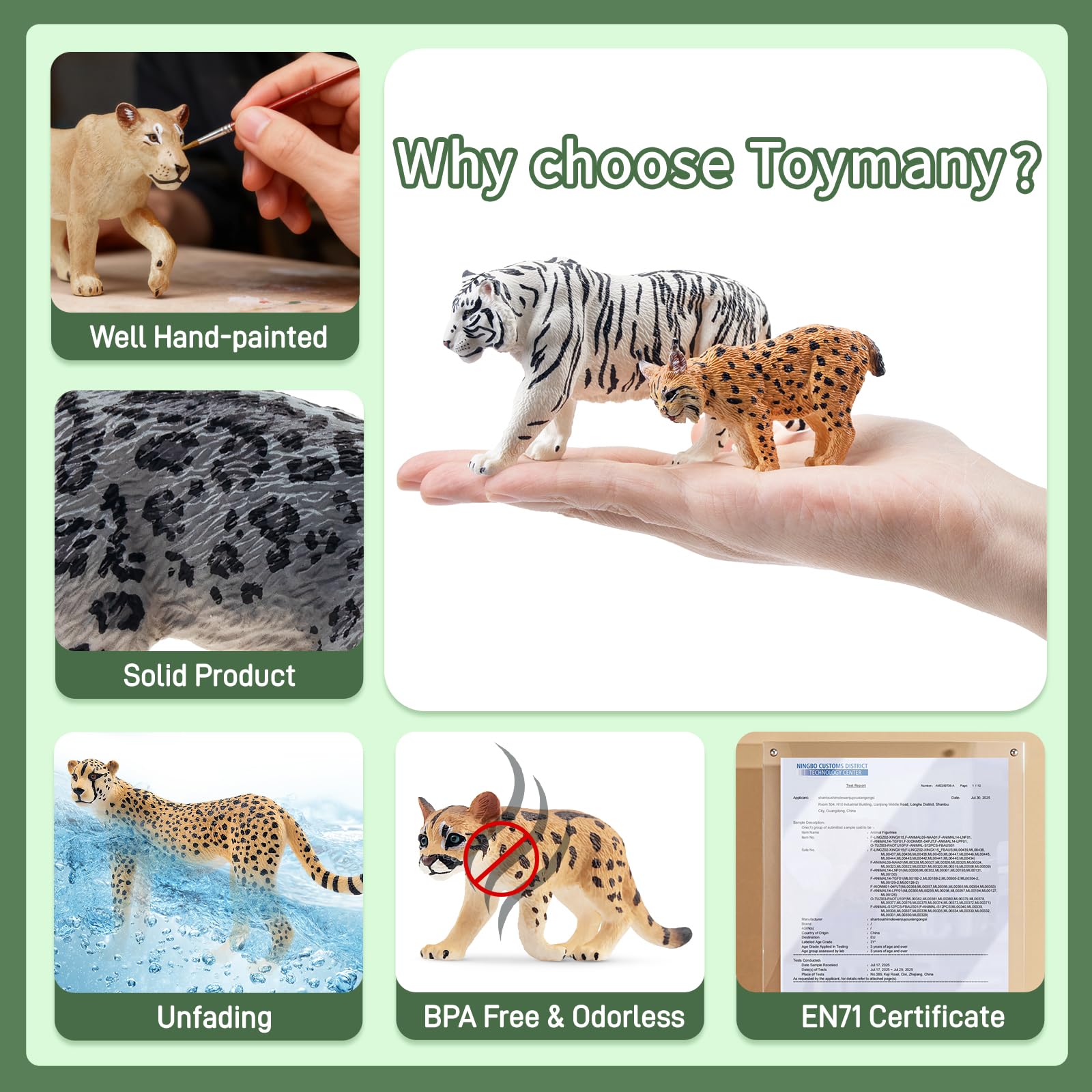 TOYMANY 12 Stück Großkatzen Dschungel Tiere-Figuren und Baumstamm Set,Realistische Löwen Tiger Geparden und Leopardfiguren, Plastiktiere Zoo Dschungel Wald Tierfiguren für Kinder 2