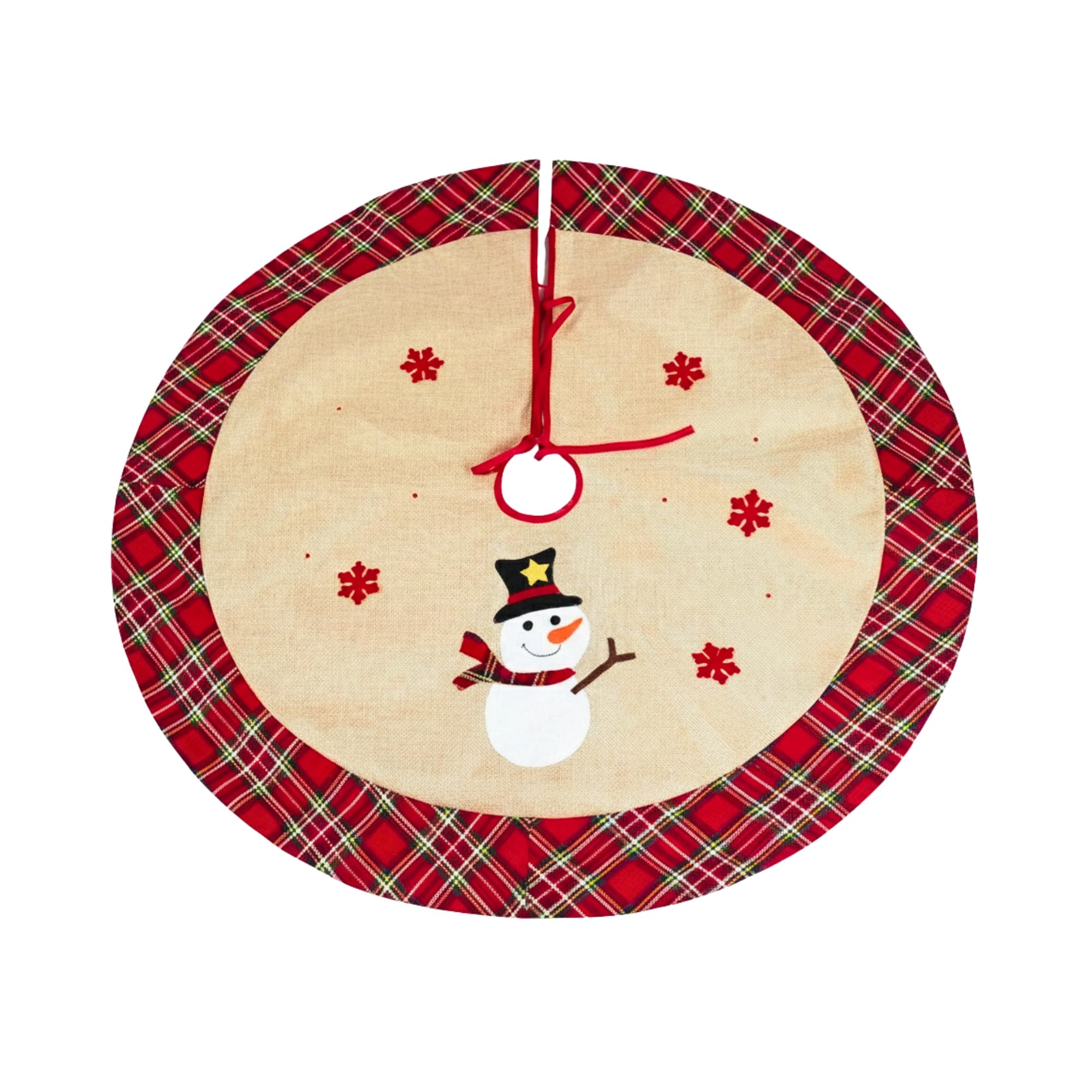 86cm Snowman Christmas Tree Skirt, Burlap Hessian Linen Xmas Tree Base Cover with Snowflake Printed Design, Hook and Loop Fastening, Decorative Floor Mat for Holiday Home and Festive Decorations