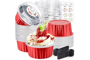 ZOXILEN 30Pcs Christmas Mini Cake Pans with Lids Aluminum Foil, Disposable Mini Baking Pan with Lids Spoons 5oz/125ml, Round 