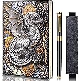 FEIDIAO Vintage Embossed Leather Notebook Flying Dragon DND Travel Journal A5 Daily with Ballpoint Pen and Pen Sleeve,PU Leather Journal,Writing Notebook Gift for Men&Women(Dragon)