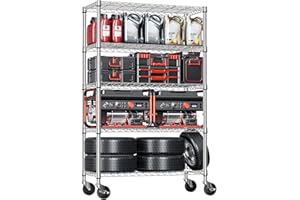 IZEUK 5-Tier Storage Shelving Unit with Wheels, Adjustable Heavy Duty Steel Wire Rack Organizer (Chrome, 17.7" D x 47.2" W x 76.7" H, 1750 lbs Capacity) for Garage, Kitchen, Pantry, Laundry, Basement